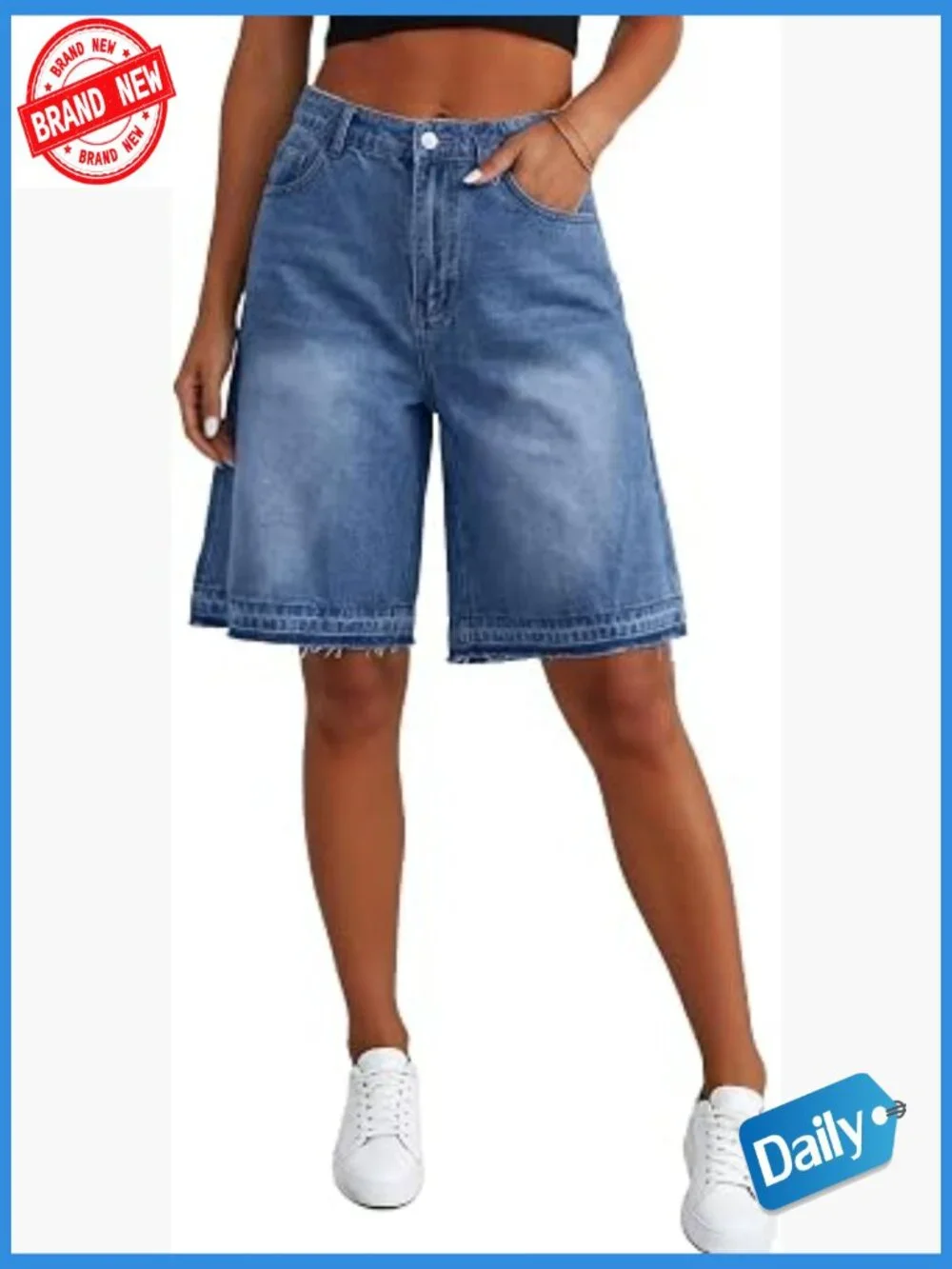 High Waisted Baggy Denim Bermuda Shorts Jorts Plus Size Knee Length
